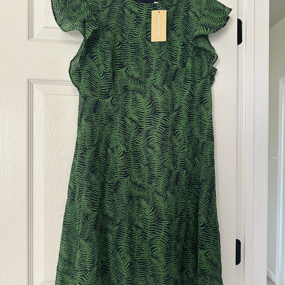 Michael Kors Size 14 Floral Green Navy Blue Lined Women Sun Dress Stylish